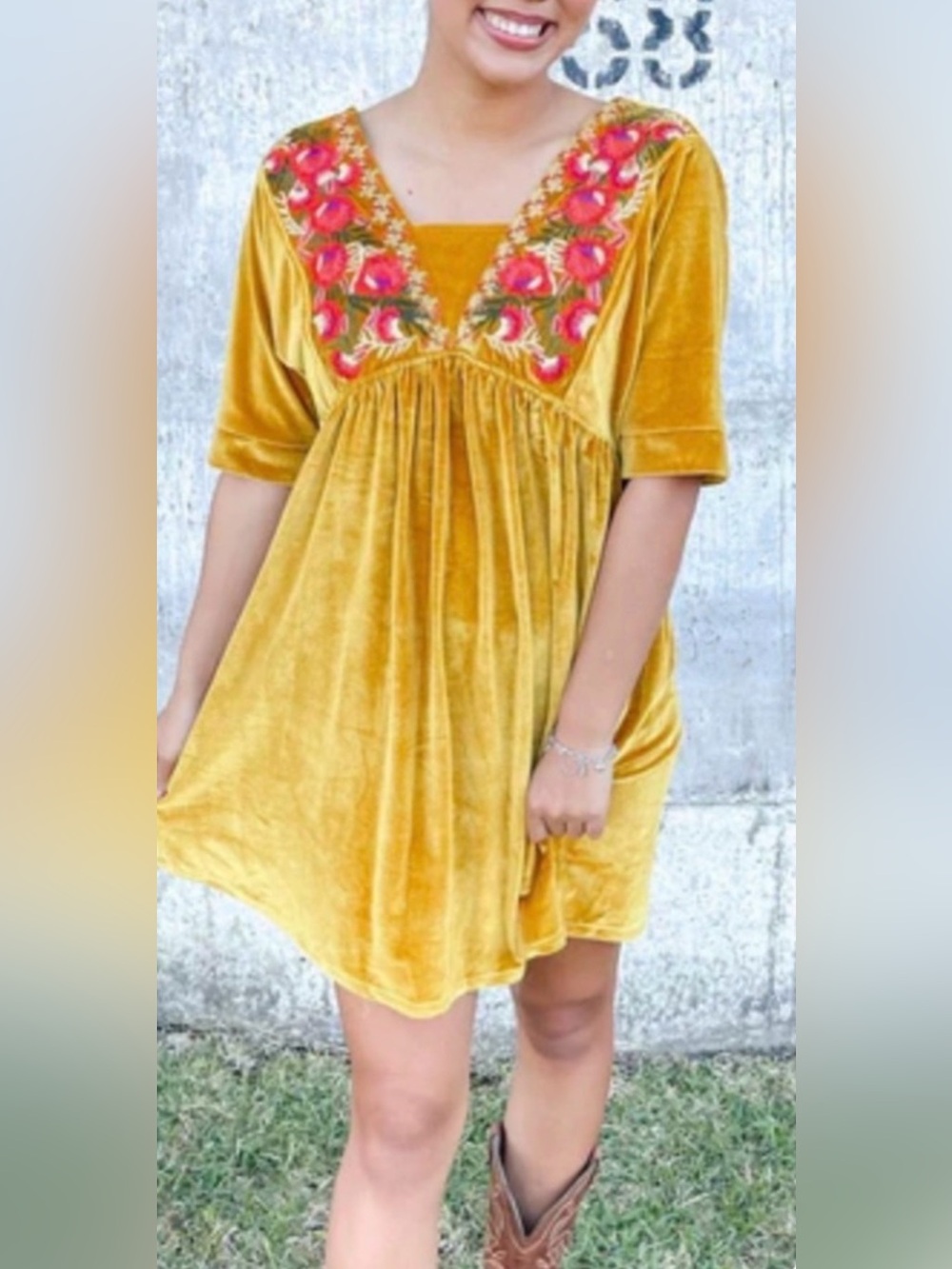 THML Mustard Velvet Dress with Red Floral Embroidery Fall